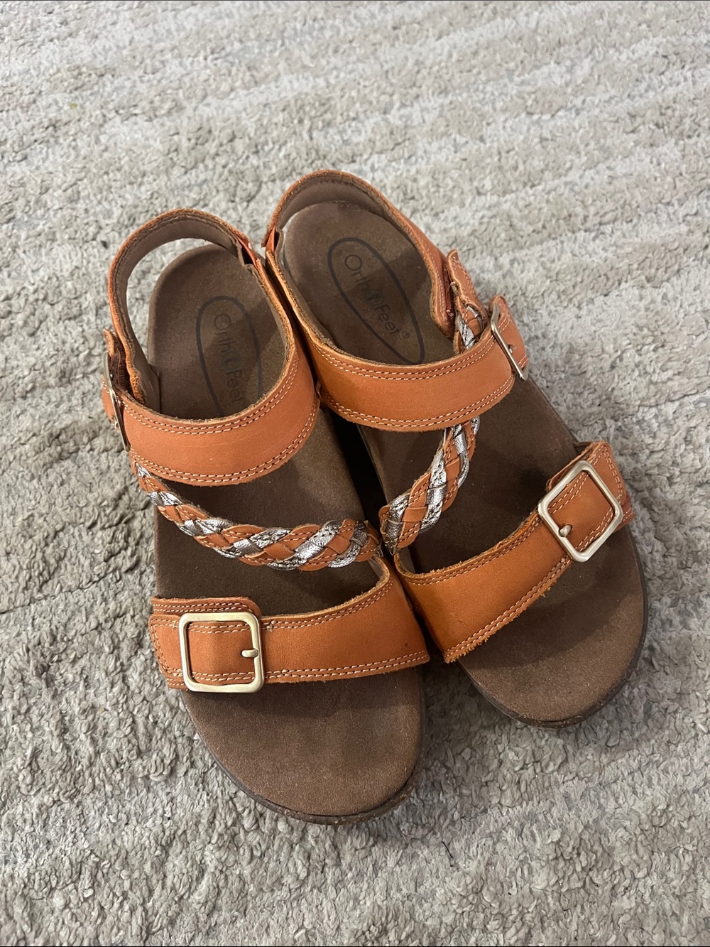 Orthofeet Orthopedic Chloe Orange Adjustable Leather Wedge Sandal 7 Wide Toe Box